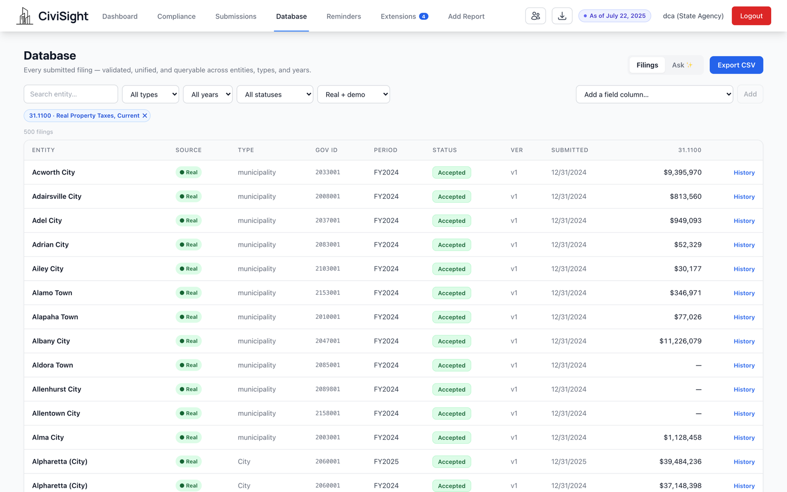 The database explorer listing filings across entities and years, with a UCOA account pulled in as a column and version history on each row