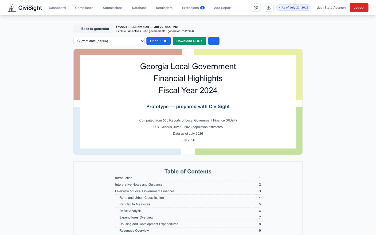 A generated Financial Highlights edition for fiscal year 2024, computed from filed reports, with print and DOCX export